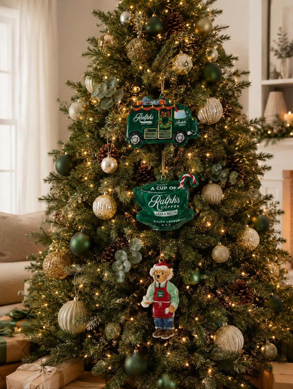 Ralph Lauren Collectibles -Green Coffee Truck, Mug & Bear Holiday Ornament Trio